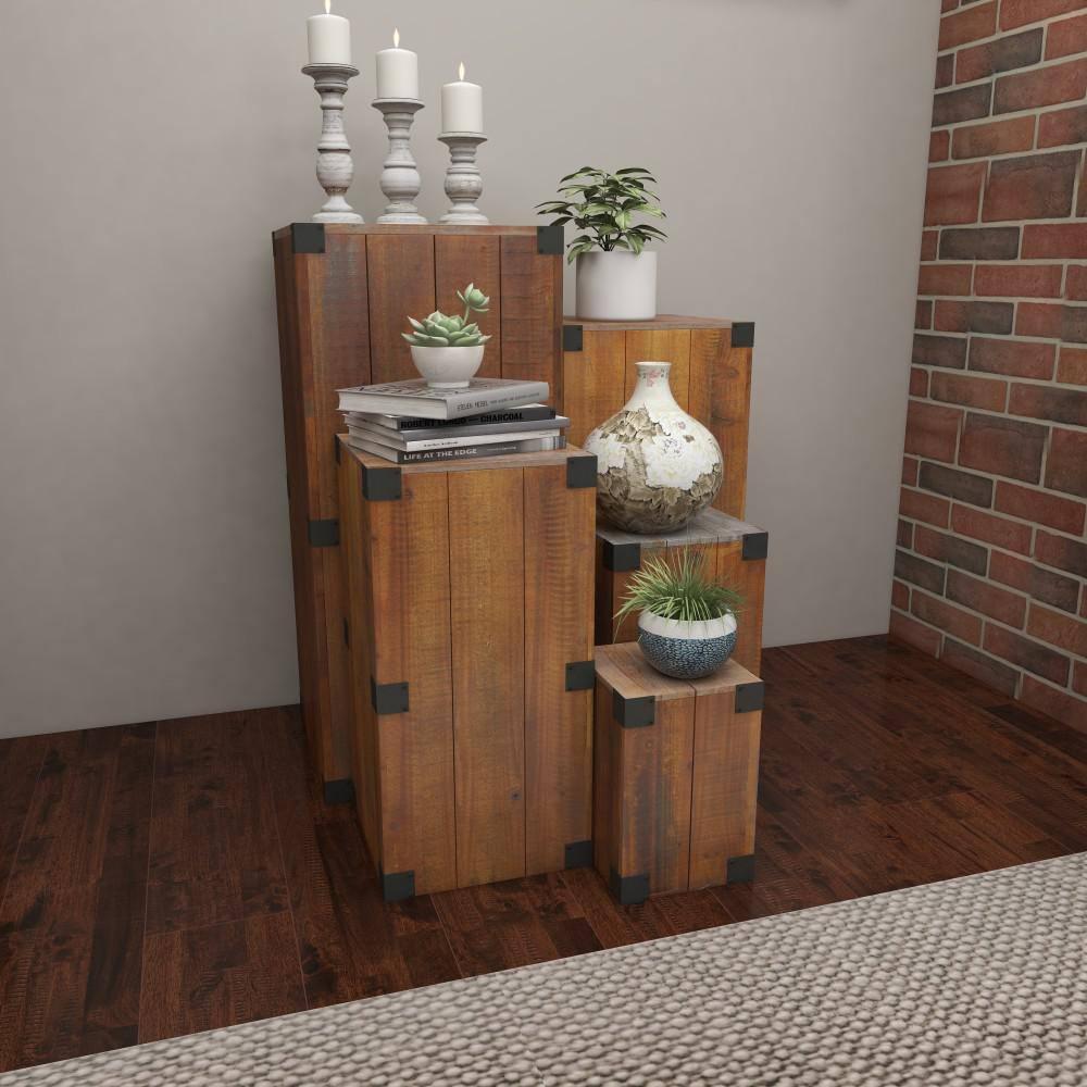 Set of 5 Farmhouse Wood Pedestal Tables Brown - Olivia & May: Indoor Accent Furniture, No Assembly Required