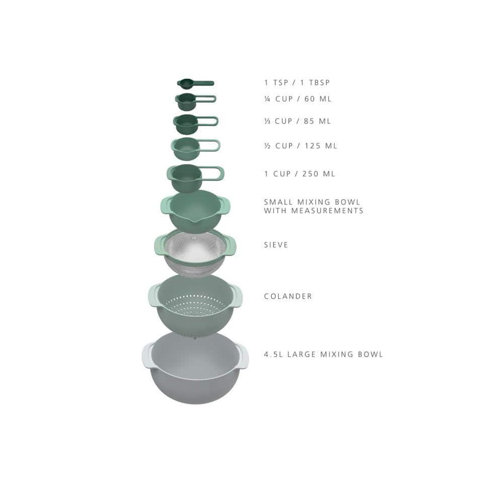 Joseph Joseph Nest 9 Plus, 9 Piece Compact Food Preparation Set with Mixing Bowls, Measuring cups, Sieve and Colander, Editions Range, Sage Green