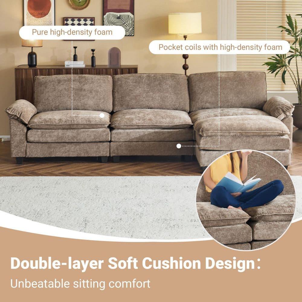 Karl home Sectional Sofa Modular Deep Seat Sofa Couch with Ottoman, Chenille Sofa Sleeper Comfy Upholstered Furniture for Living Room, Apartment, Studio, Office, (3-Seat & 1-Ottoman, Light Brown)
