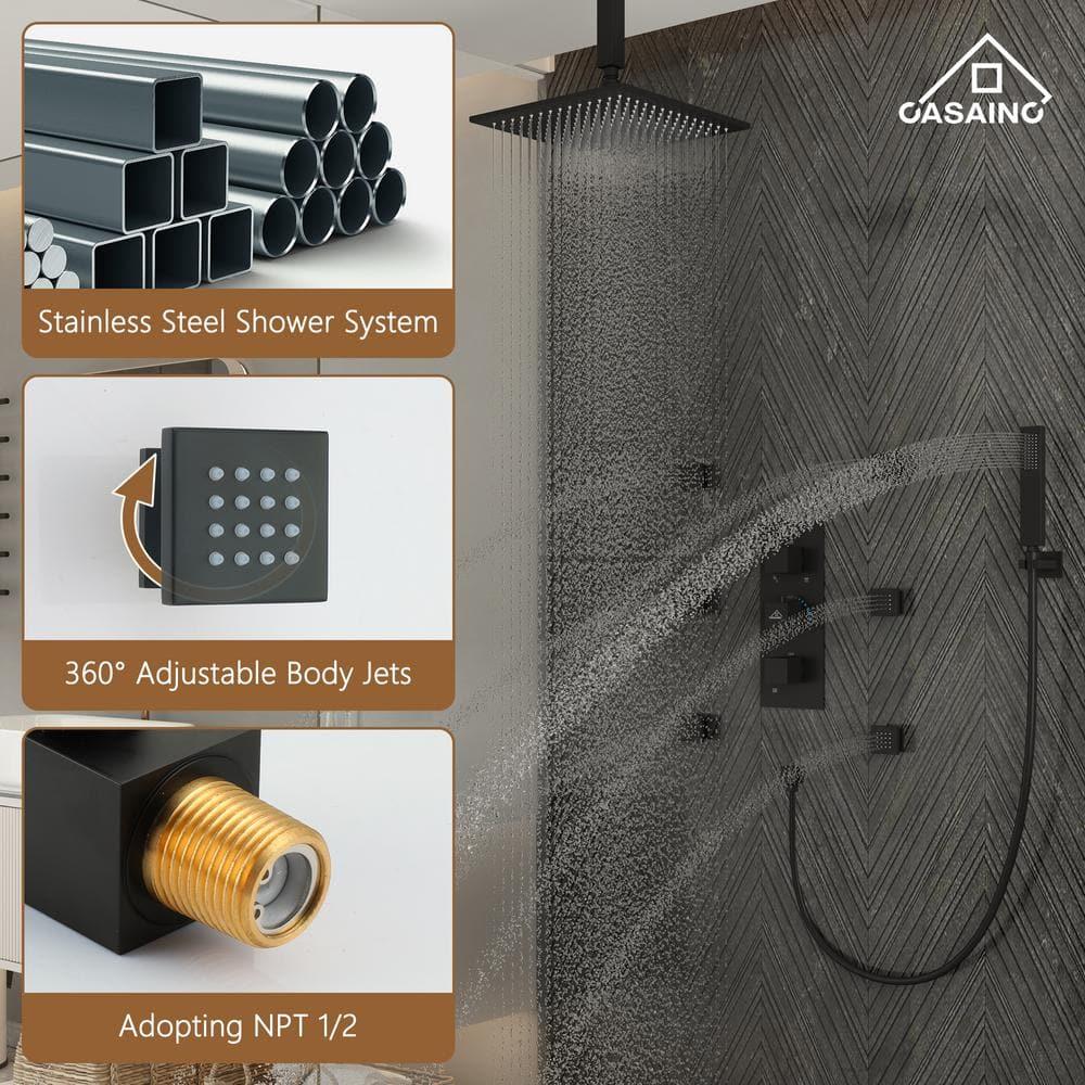 3-Function Luxury Ceiling Mount 12 Inch LED Thermostatic Shower System with 6 Body Jets