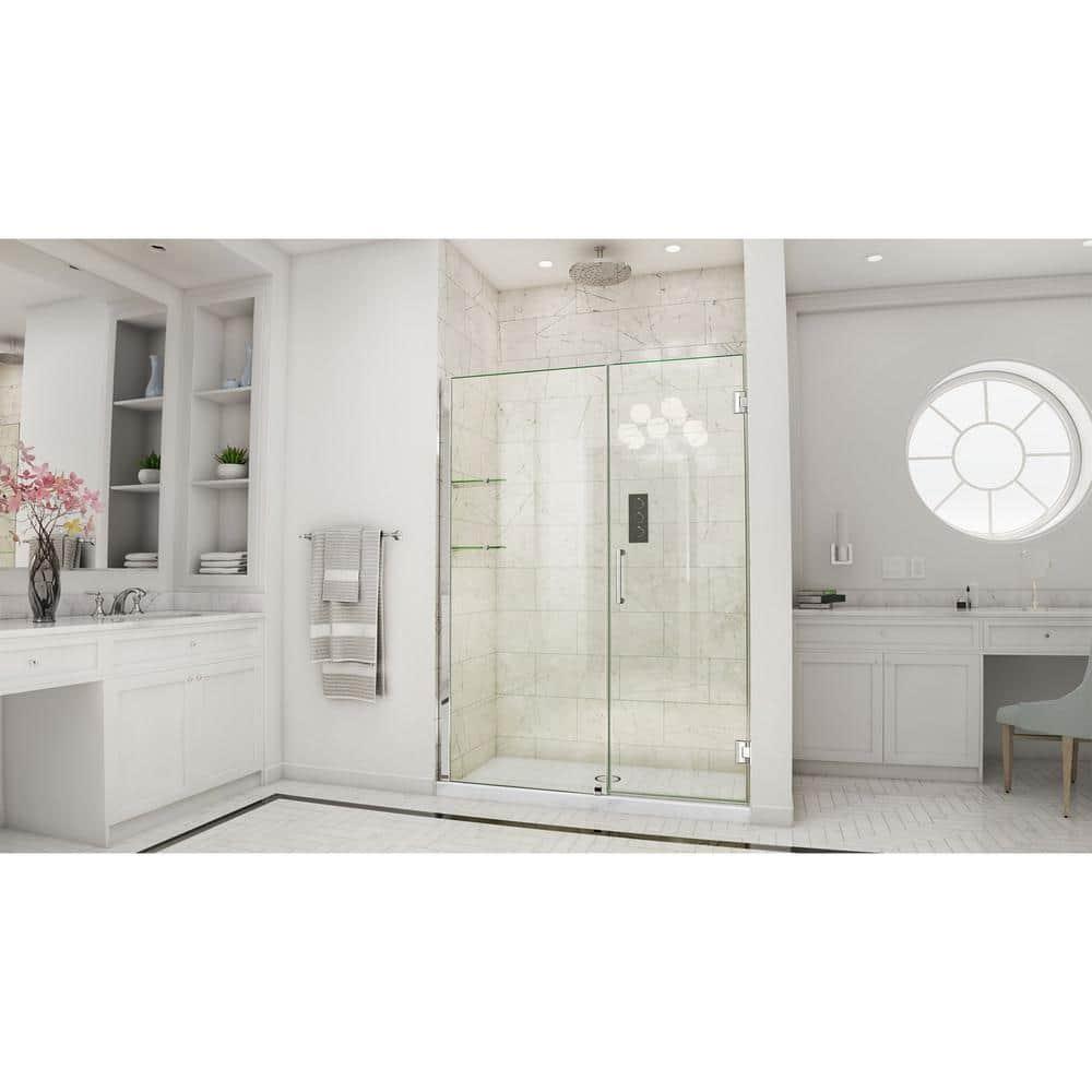 Unidoor 57" W x 72" H Hinged Frameless Shower Door and Fixed Panel with ClearMax Glass Treatment