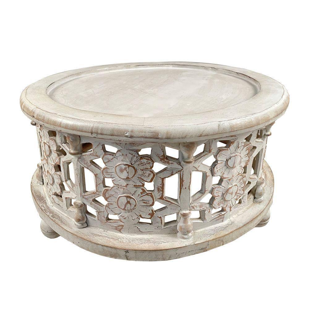16 x 30 x 30 in. 2 Piece Wooden Round Coffee Table Set with Floral Cut Out Design, Antique White
