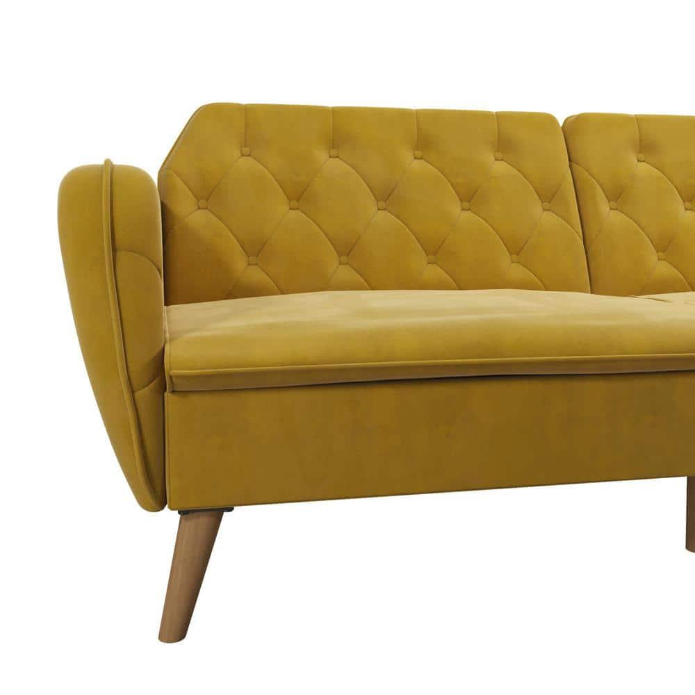 Tallulah Memory Foam Futon and Sofa Bed Mustard Yellow - Novogratz: Velvet Upholstery, Split-Back Design, Wooden Legs