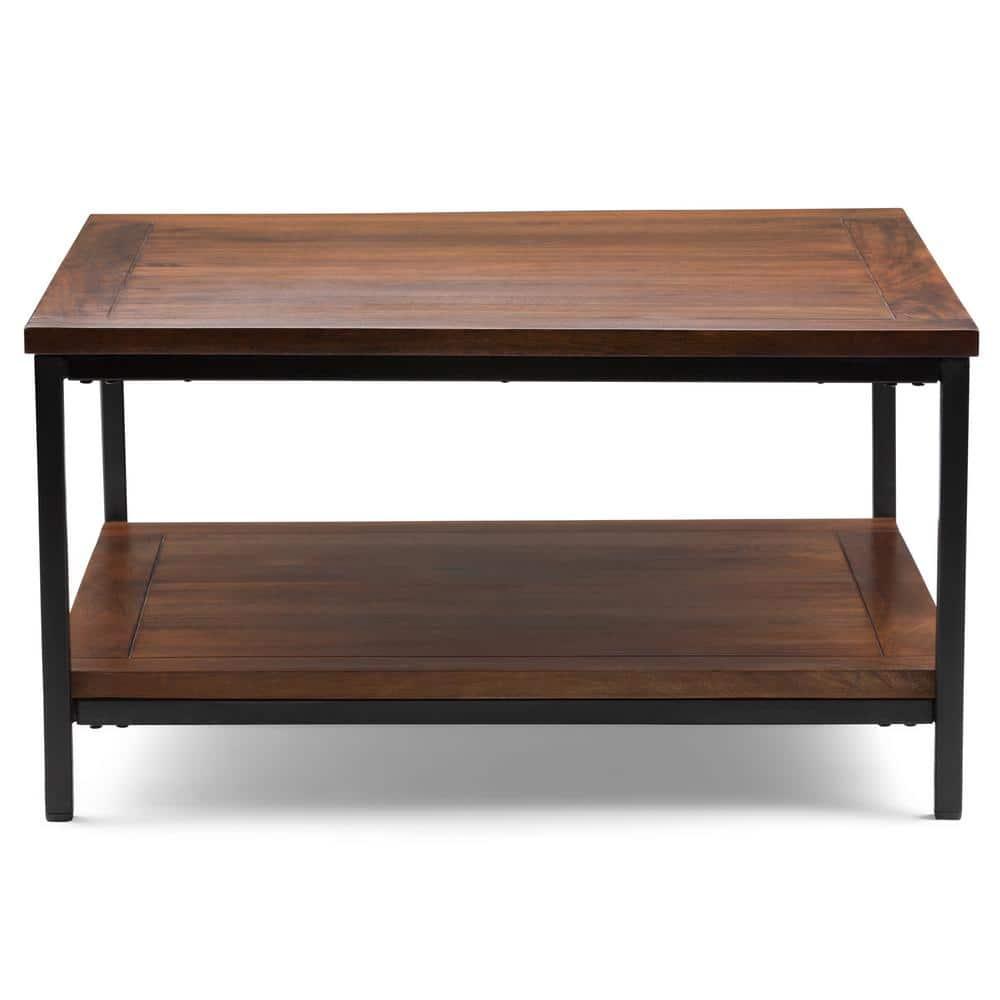 Simpli Home Skyler 34"W Solid Mango Wood Industrial Square Coffee Table with Open Shelf and Metal Frame