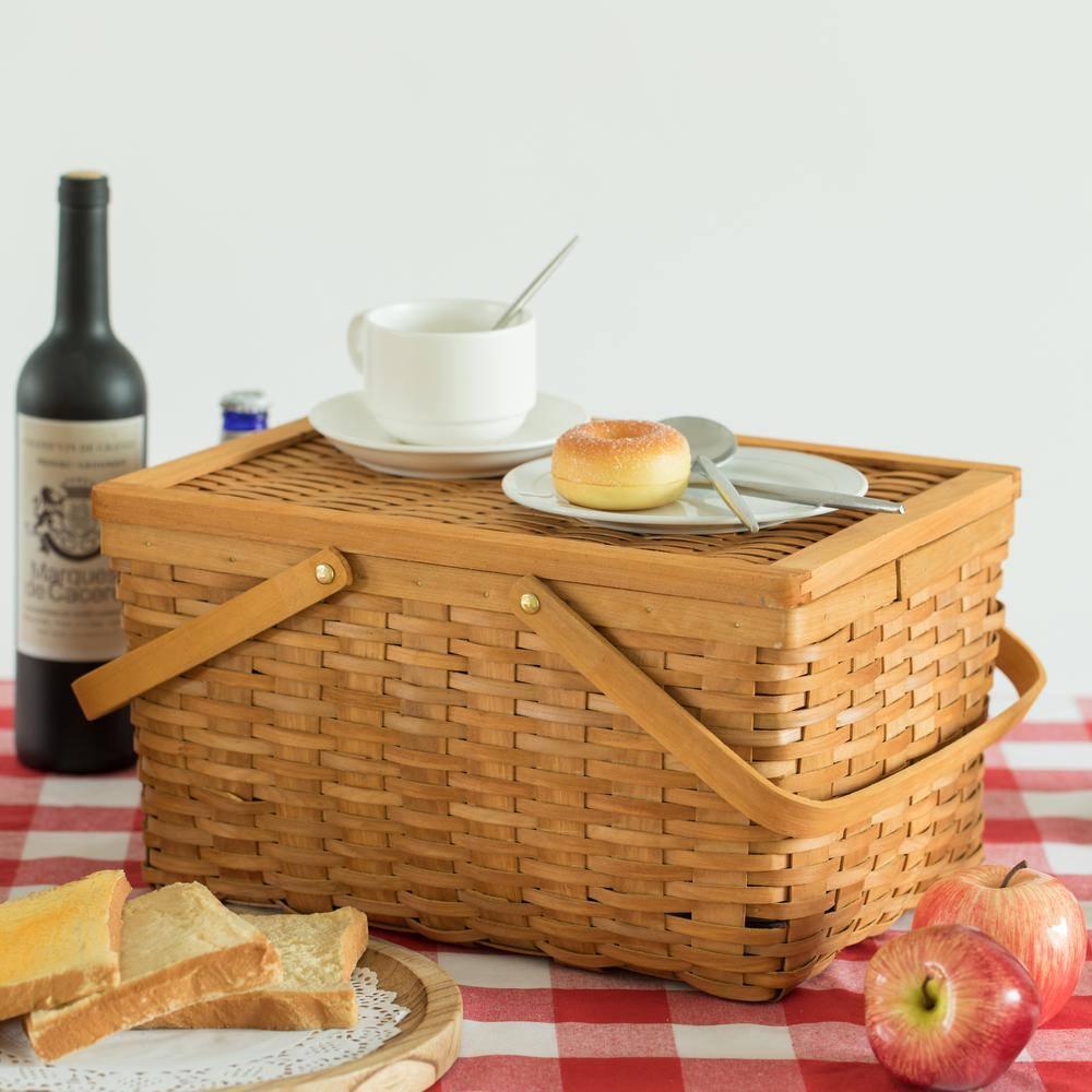 Vintiquewise Woodchip Picnic Storage Basket with Cover and Movable Handles, Large