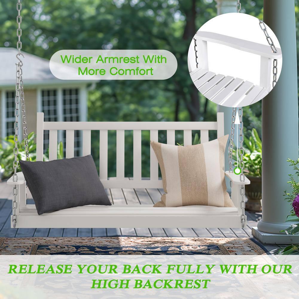 VEIKOUS 2-Seat Outdoor Porch Swing, Hanging Wooden Glider w/Hanging Chains for Patio, Backyard & Garden, White