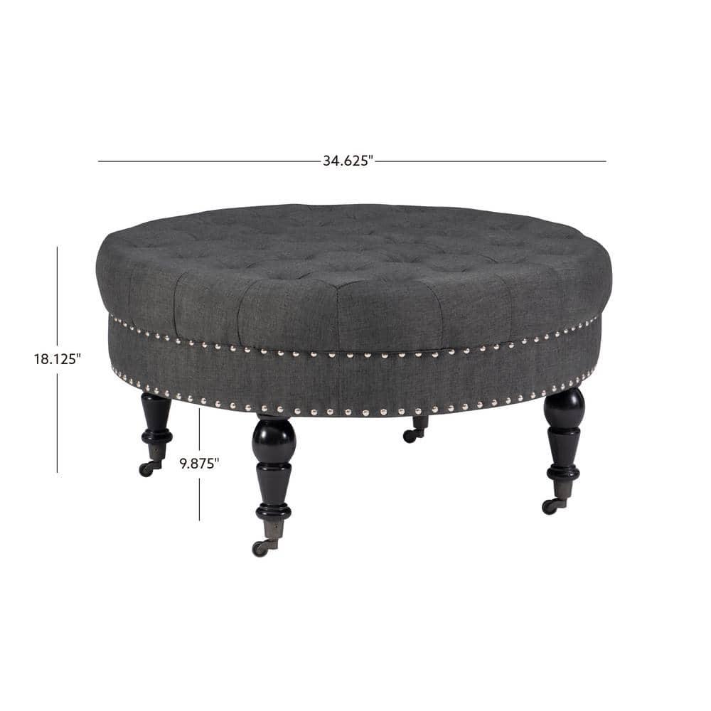 34.6" Isabelle Traditional Round Tufted Upholstered Wheeled Cocktail Ottoman Gray - Linon: Charcoal Linen, Silver Nailhead, Black Legs