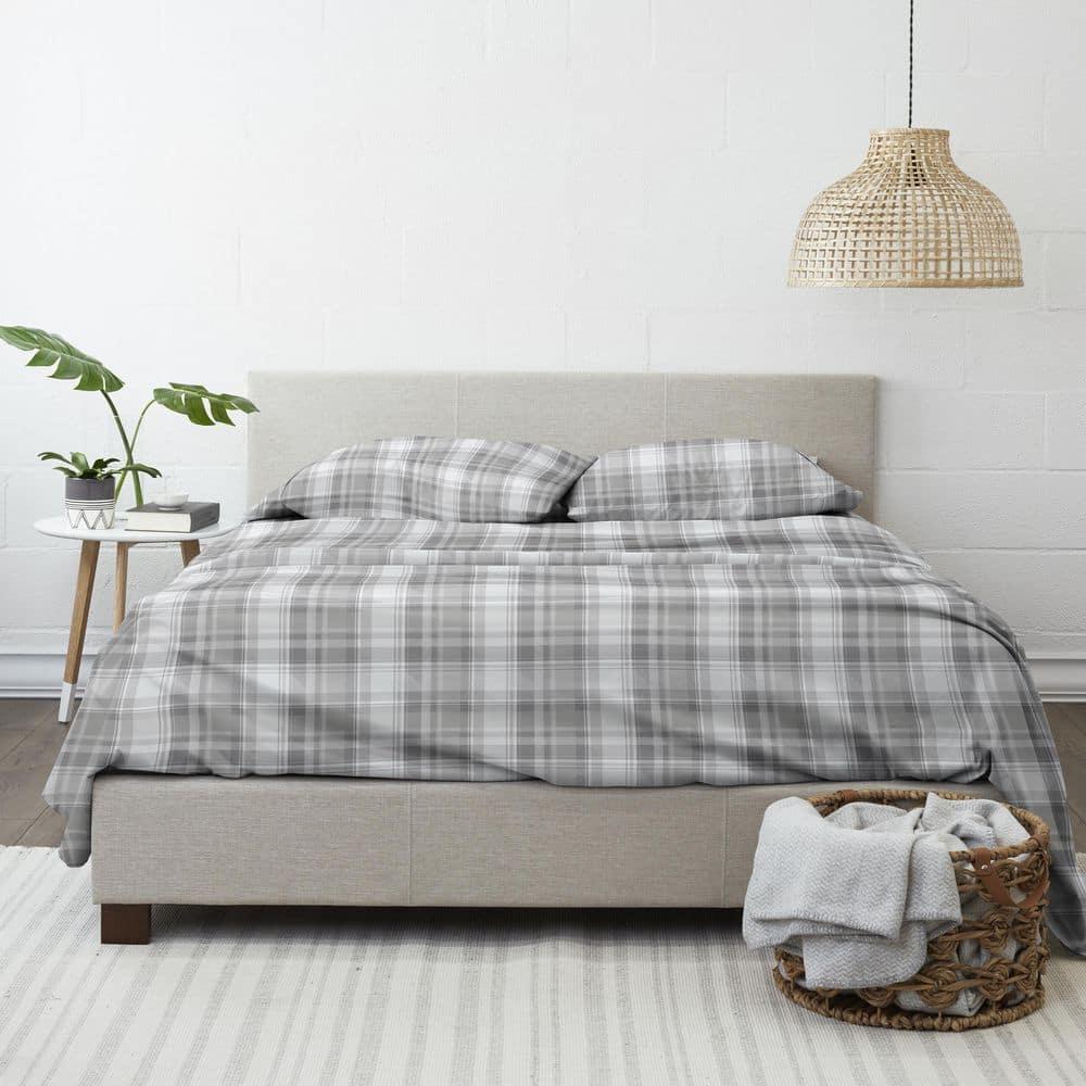 Light Grey Plaid 4 Piece 100% Cotton Flannel Deep Pocket Sheet Set, Queen, by Noble Linens