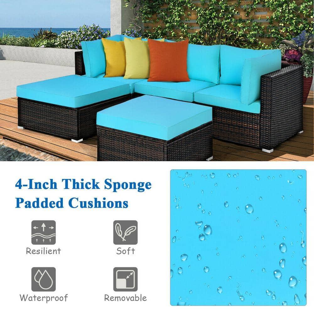 Tangkula 5PCS Cushioned Rattan Patio Conversation Set Outdoor Furniture Set w/ Ottoman