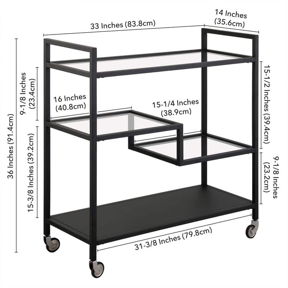 Evelyn&Zoe Lovett 33" Wide Rectangular Bar Cart with Glass and Metal Shelves, Blackened Bronze