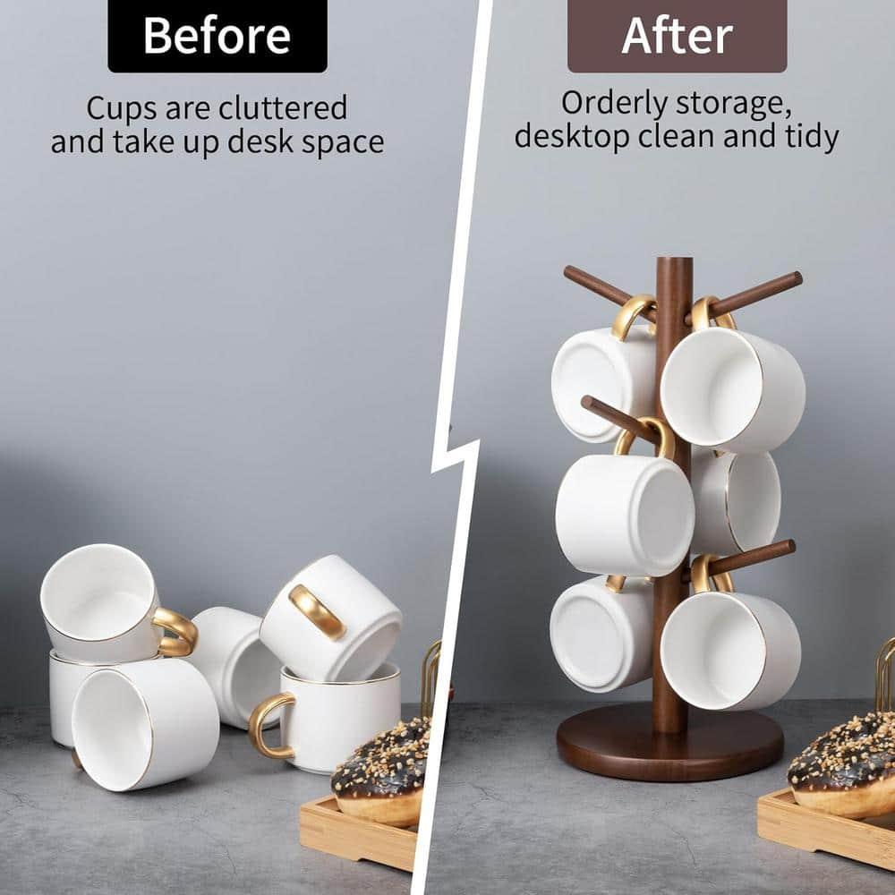 Coffee Mug Rack, Coffee Tree Mug Holders Countertop, Sturdy Wood Coffee Tree Mug Holder Stand with 6 Hooks, Non-Slip Mug Rack for Home Storage and Organizer, Nut-brown