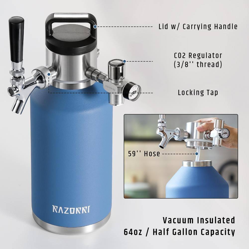 Razorri Engorde de Cerveza de Acero Inoxidable de 64 Oz, Barril Carbonatado con Aislamiento Al Vacío de Doble Pared con Grifo de Barra Profesional y Regulador de CO2 a Presión, 0,5 Galones, Azul Océano