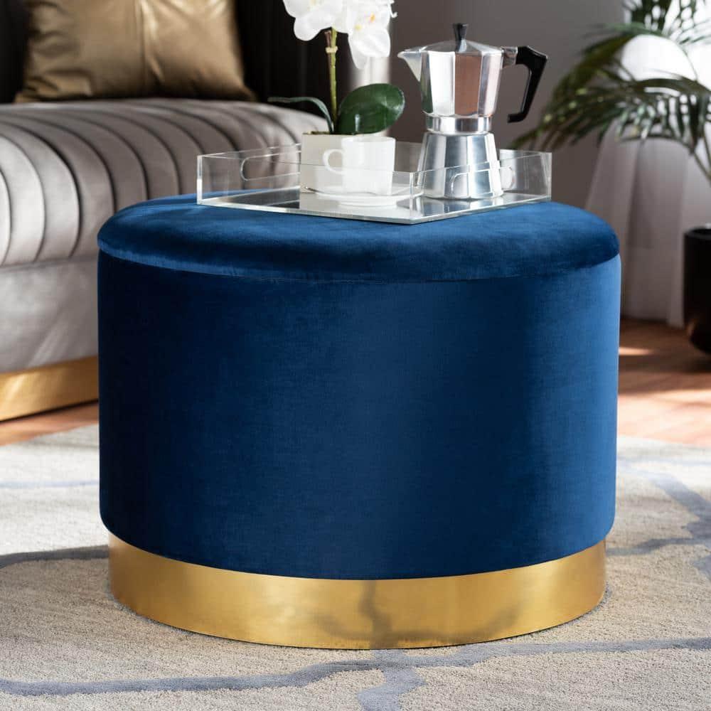 Marisa Navy Blue Velvet and Gold Storage Ottoman