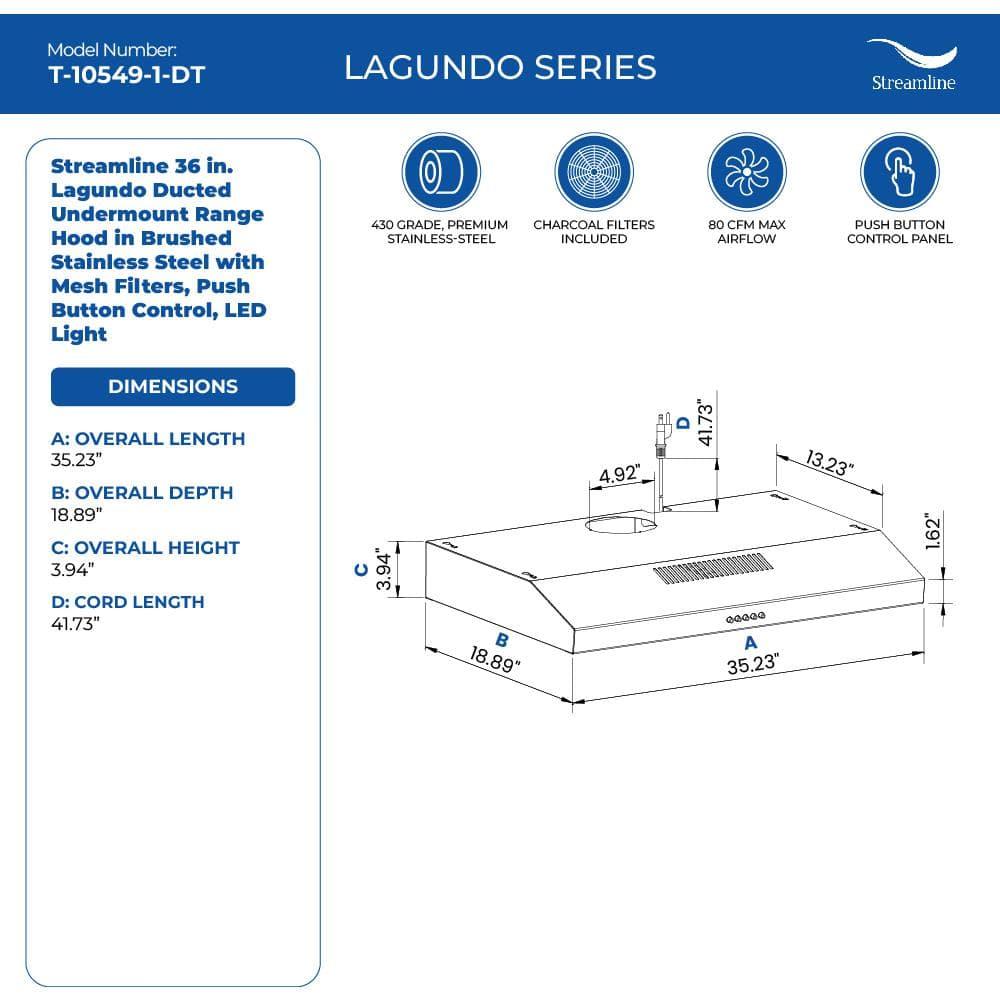 Streamline Lagundo 36" 80 Cubic Feet Per Minute Ducted Under Cabinet Range Hood with Mesh Filter and Light Included