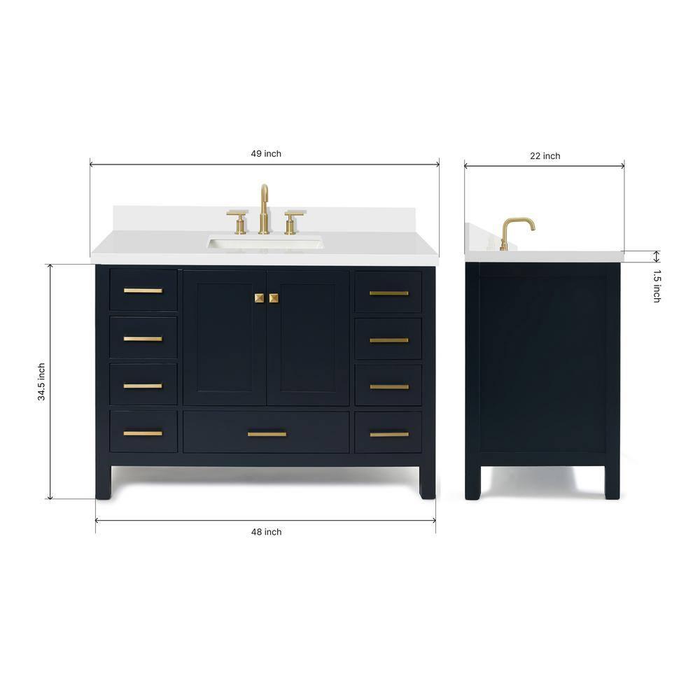 ARIEL 49" Bathroom Vanity with 1.5" Edge Pure White Quartz Countertop & Backsplash, Center Rectangular Sink, 2 Soft Closing Doors, 9 Full Extension Dovetail Drawers, Brushed Nickel - Midnight Blue
