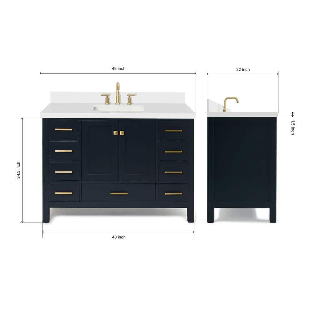 ARIEL 49" Bathroom Vanity with 1.5" Edge Pure White Quartz Countertop & Backsplash, Center Rectangular Sink, 2 Soft Closing Doors, 9 Full Extension Dovetail Drawers, Brushed Nickel - Midnight Blue