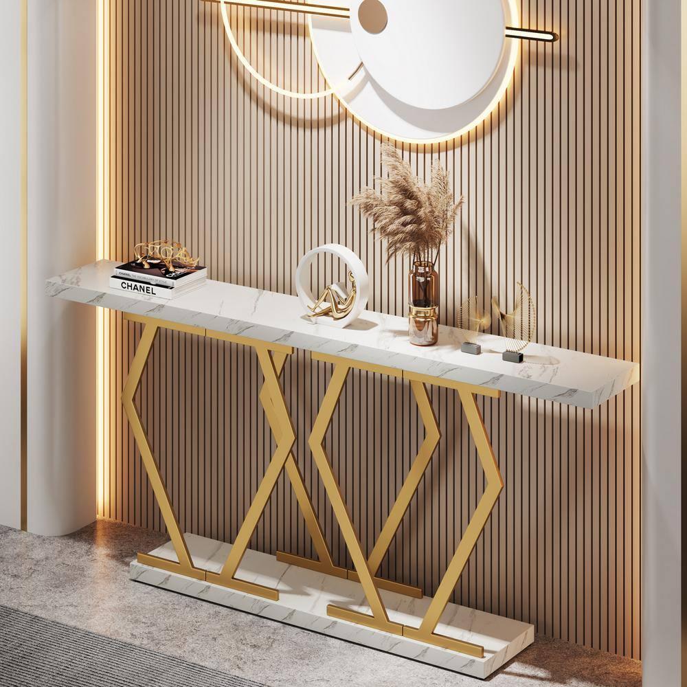 Tribesigns 70.9 Inch Extra Long Sofa Table, Modern Console Table with Faux Marble Tabletop, Long Entryway Table for Entrance, Gold and White