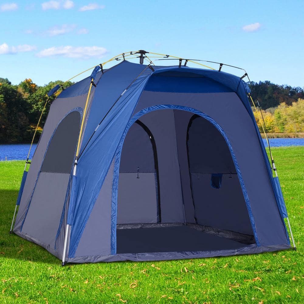 Outsunny Camping Tents 4 Person Pop Up Tent Quick Setup Automatic Hydraulic Family Travel Tent w/ Windows, Doors Carry Bag Included, Blue