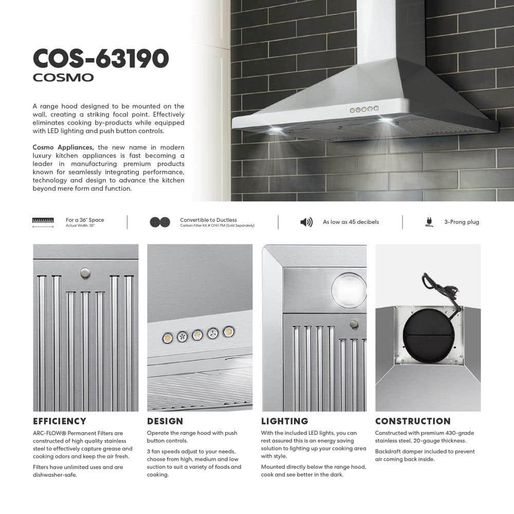 Cosmo Campana Extractora de Montaje en Pared de 36 Pulgadas en Acero Inoxidable con Iluminación LED y Filtros Permanentes