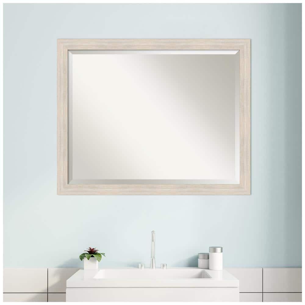Amanti Art Beveled Wood Bathroom Wall Mirror - Hardwood Whitewash Narrow Frame - Hardwood White Wash Narrow Outer Size: 31 x 25 in