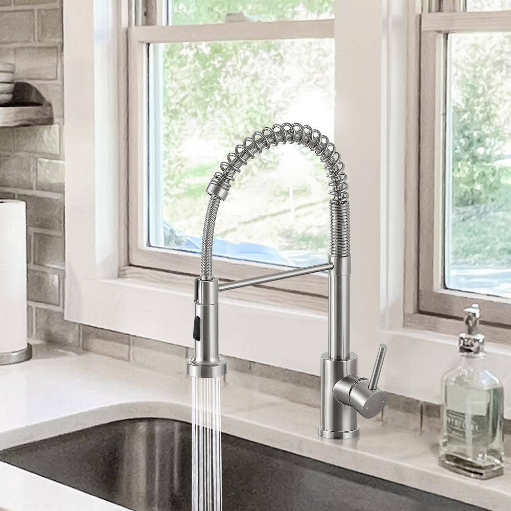 1-Handle Pull Down Sprayer Kitchen Faucet Spring Stainless Steel Kitchen Sink Faucet in Brushed Nickel