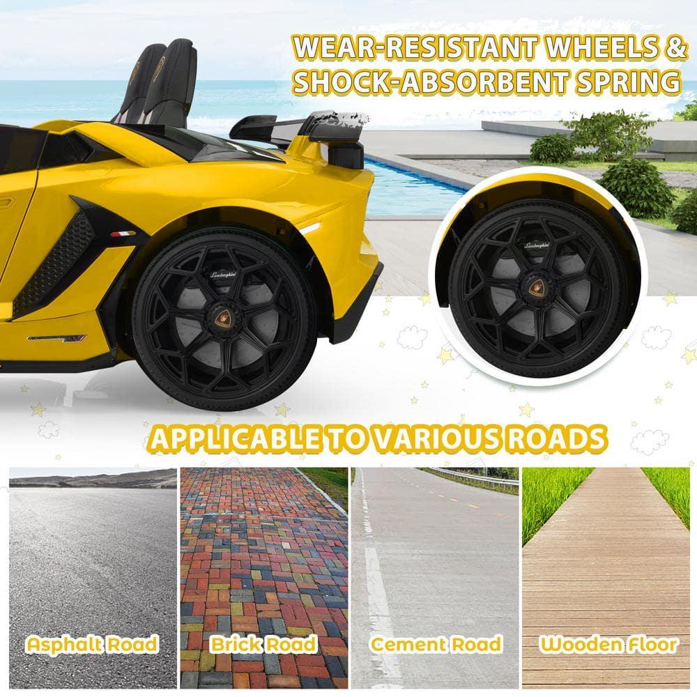 Tobbi 24V Lamborghini 2-seater Battery Powered Ride on with High/Low speed switch, Slow start function, Battery level display, MP3, USB, Light Drift Car for Kids 3-8