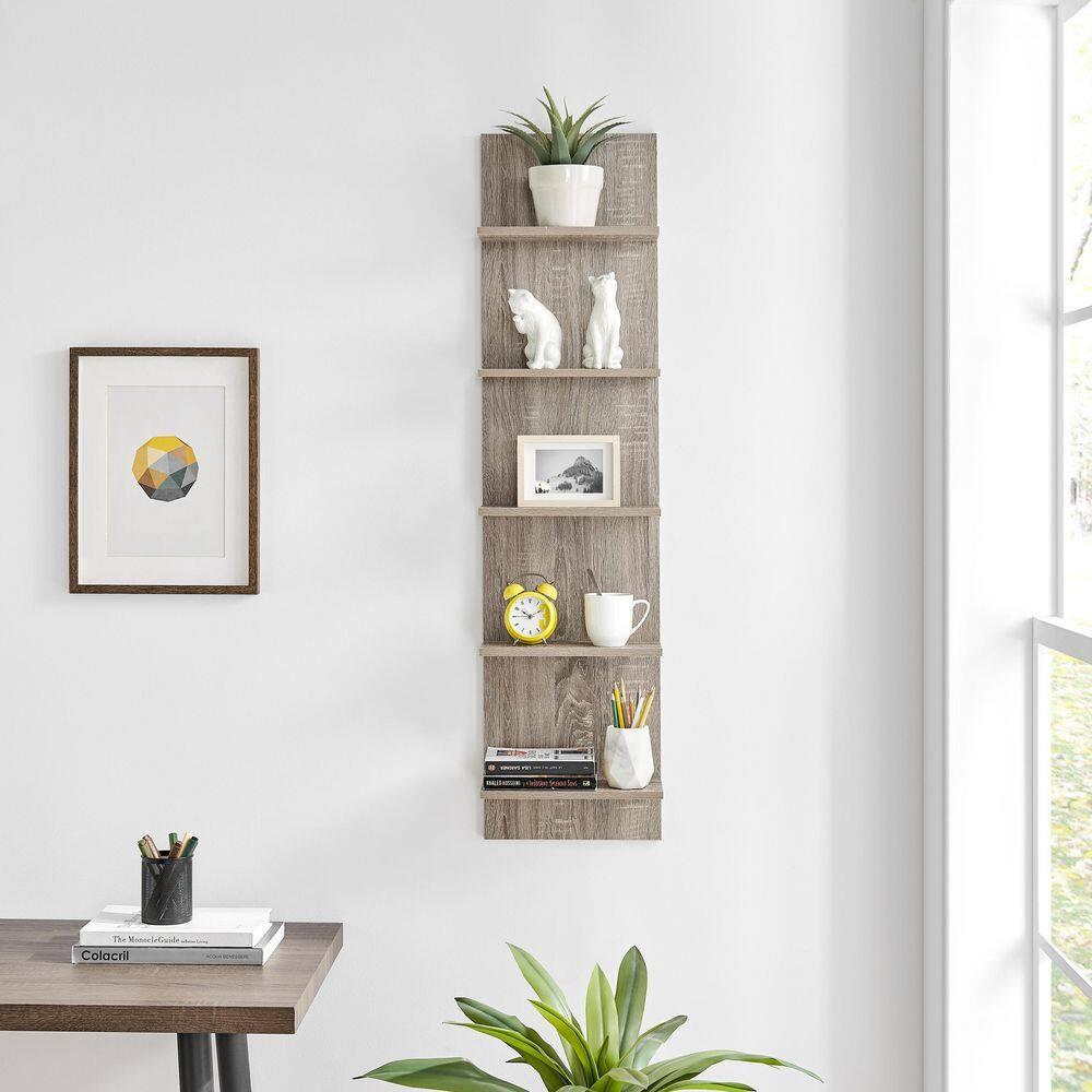 Danya B. 47" x 11.7" Wide Vertical Column Wall Shelf Weathered Oak: Mid-Century Laminated MDF, Iron Hardware