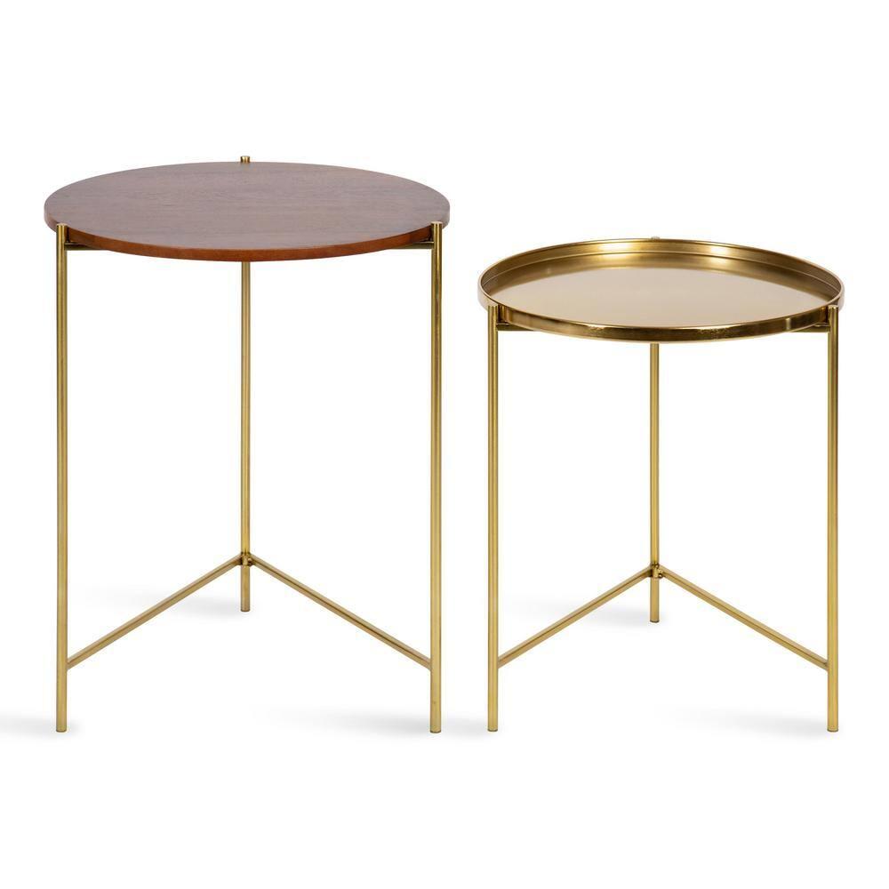 Kate and Laurel Ulani Round Wood Nesting Table, 2 Piece, Walnut Brown and Gold