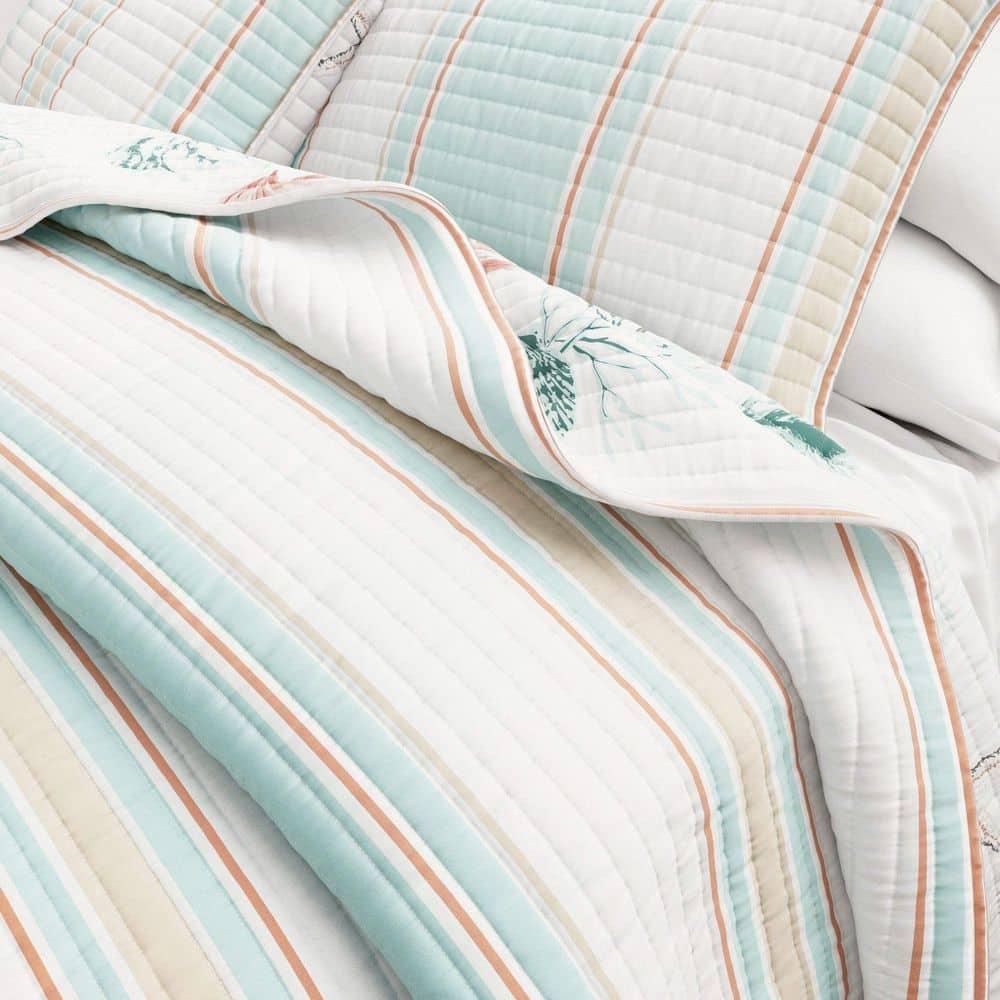 Blue Reversible Coastal Stripe 2-Piece Twin / Twin XL Cotton Quilt Bedding Set