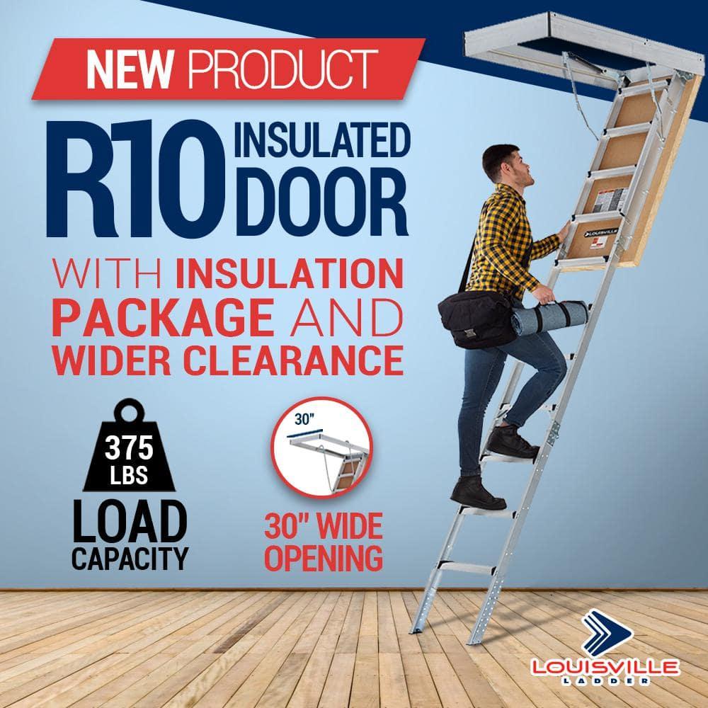 Louisville Ladder Aluminum Attic Ladder R10 Insulated Door 375 lbs Capacity 30 x 54 Inch Opening