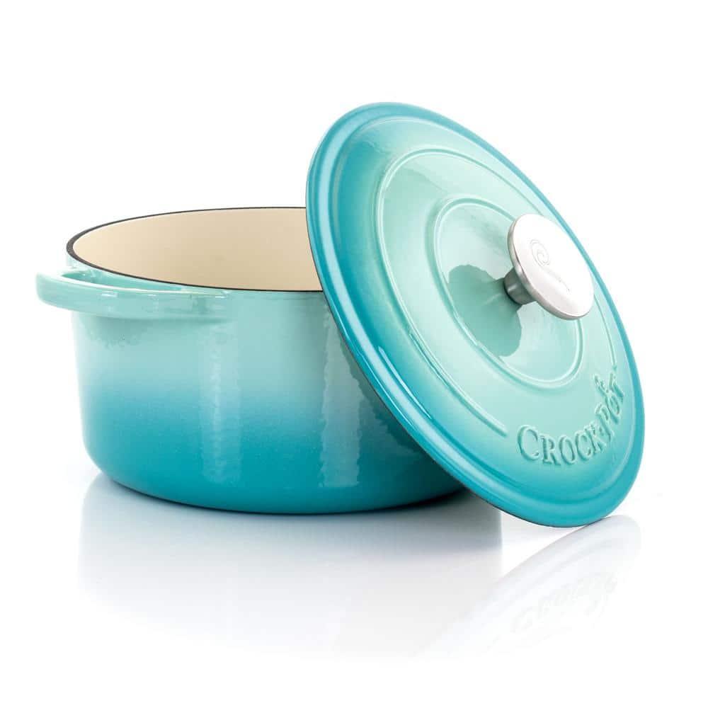 Crock-Pot 3 Quart Round Enamel Cast Iron Covered Dutch Oven Cooker, Aqua Blue