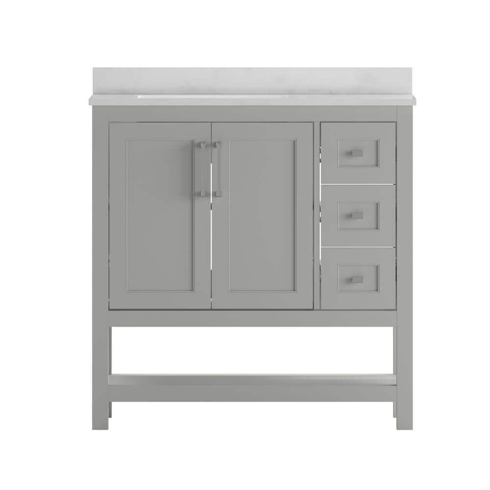 Taylor & Logan 36" Vivien Bathroom Vanity with Open Shelf and 3 Drawers Gray: Stoneware Top, Wood Frame, Single Basin