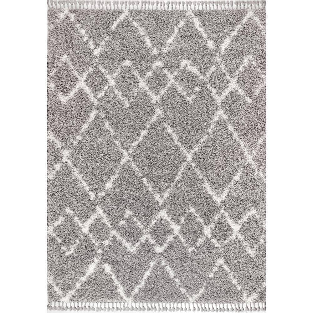 3'x5' Mercer Shag Plush Tassel Moroccan Geometric Trellis Area Rug, Grey/Cream - JONATHAN Y