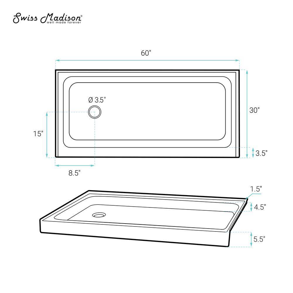 Voltaire 60 X 30 Shower Pan Base With Left Drain In Glossy