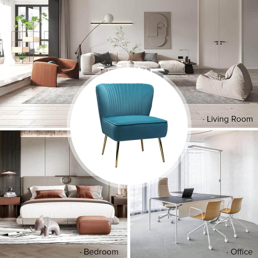 Upholstered Wingback Accent Slipper Chair Side Armless Sofa Tufted Back Golden Legs Dining Home Living Room Bedroom Adult Blue