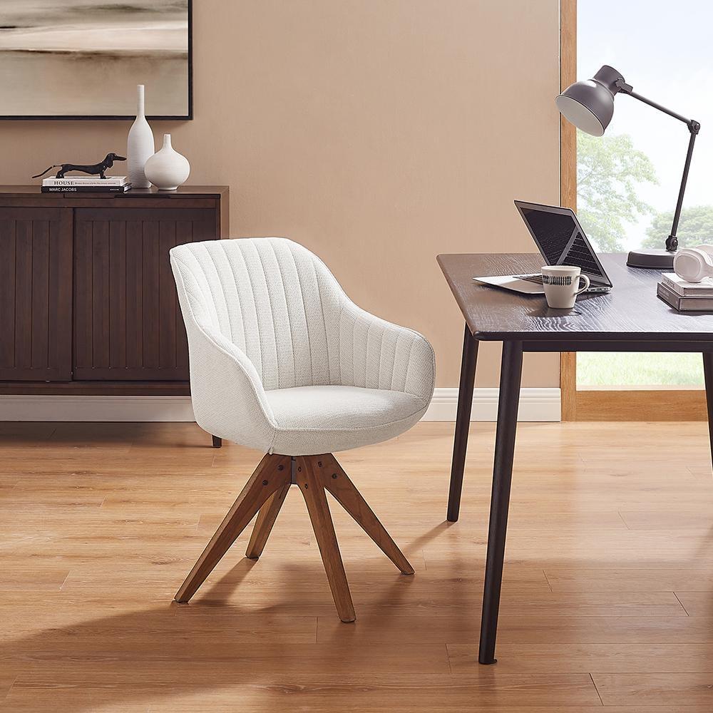 Off-White Fabric and Wood Swivel Accent Chair