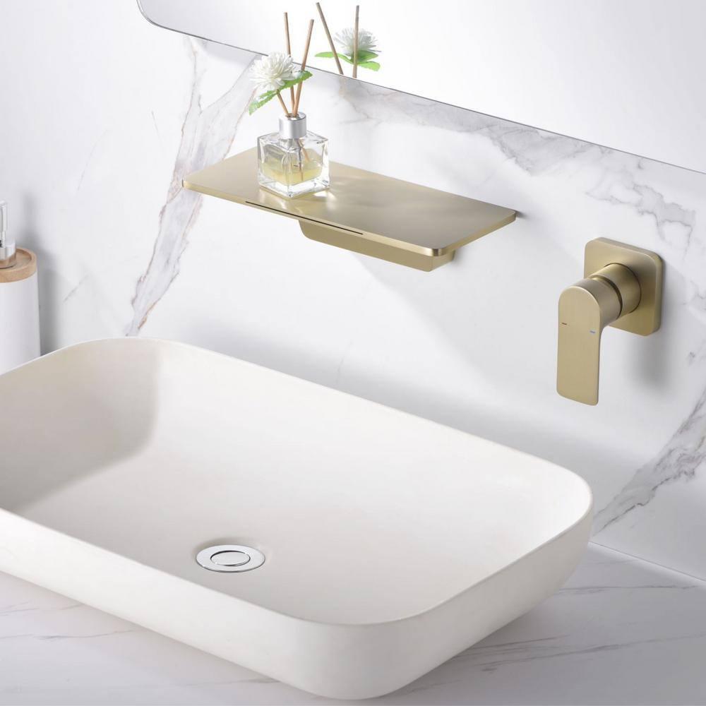 Bathroom Faucet Waterfall Bathroom Sink Faucet Brushed Gold Brass Basin Mixer Tap Single Handle Basin Tap Wall Mounted Lavatory Faucet with Cold and Hot Water