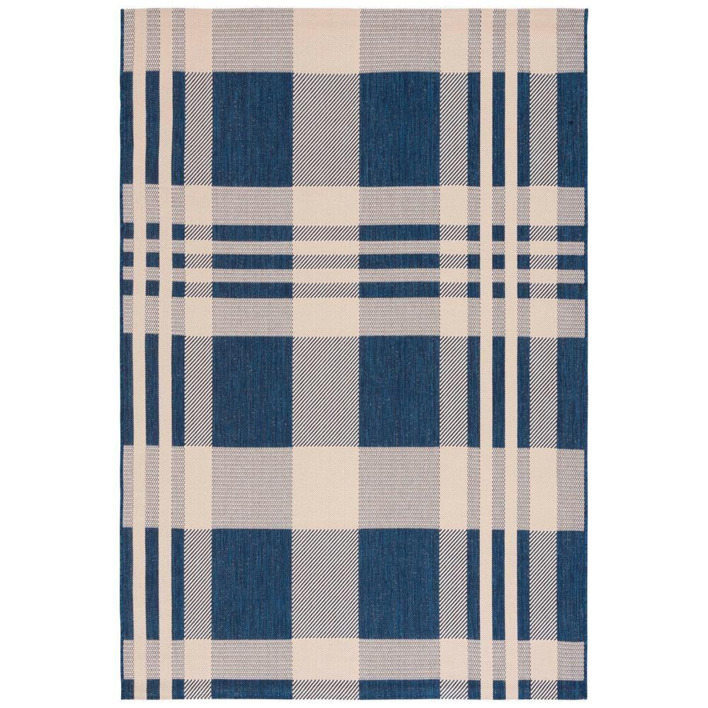 SAFAVIEH Courtyard Benjamin Plaid Indoor/Outdoor Area Rug, Navy/Beige, 4' x 5'7"