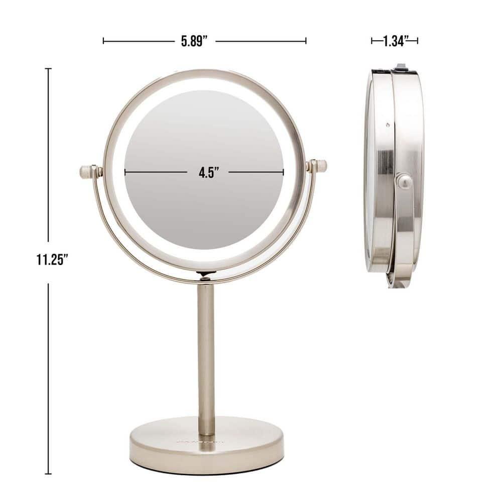 Ovente OVENTE 6" Lighted Makeup Mirror with 1X/7X Magnification, Cordless Tabletop Mount Vanity Round Mirror with 360° Swivel Design and Double Sided Cool Tone LED Ring Light, Nickel Brushed MLT60BR1X7X