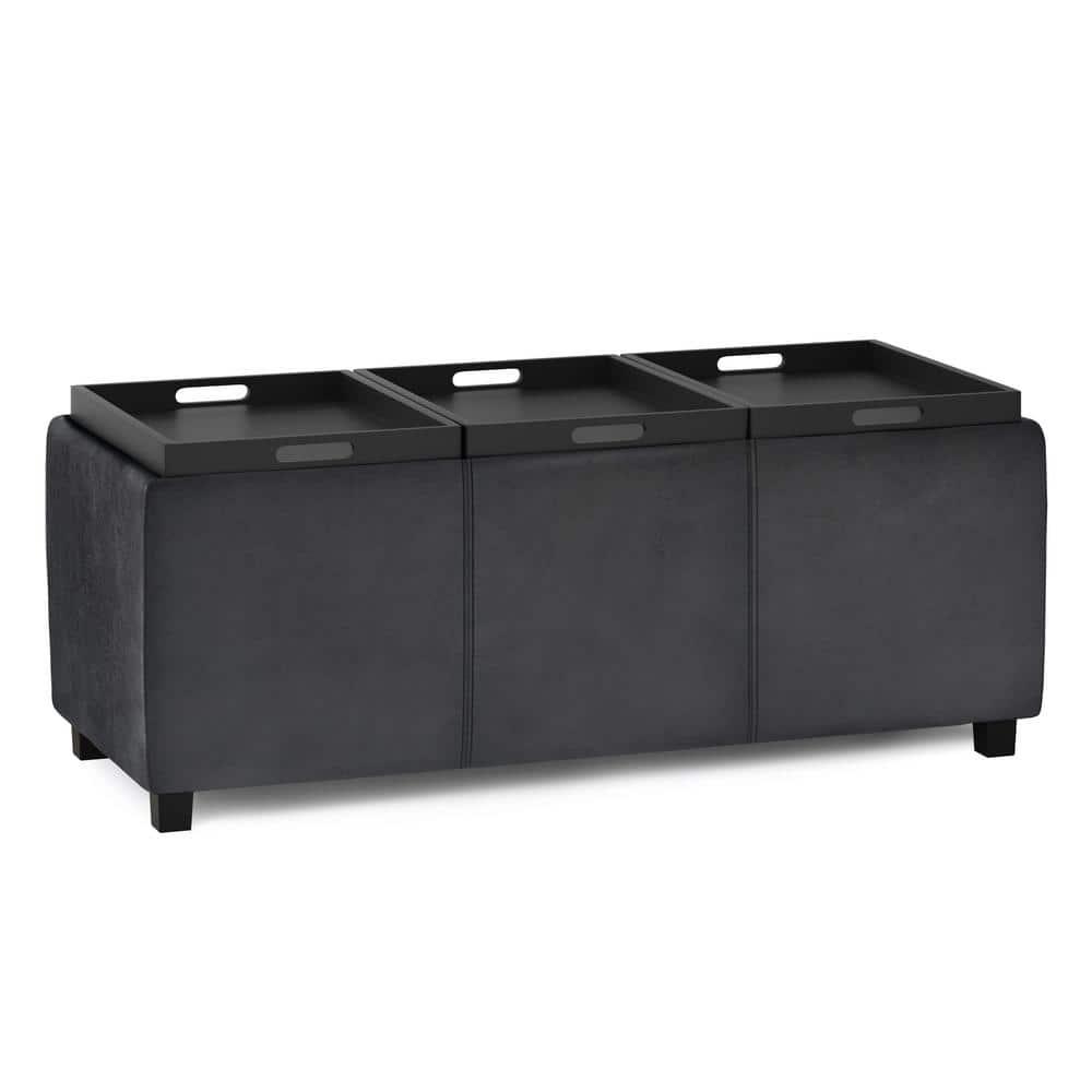 Simpli Home Avalon 42"W Upholstered Storage Ottoman with 3 Flip-Over Serving Trays