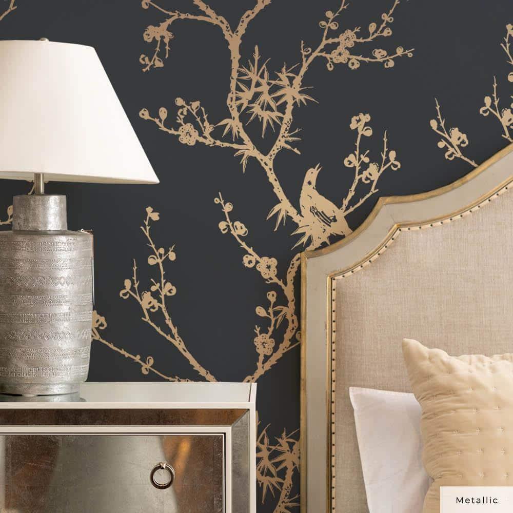 Tempaper & Co.® x Cynthia Rowley Bird Watching Removable Peel and Stick Wallpaper, Black and Gold, 56 sq ft: Vinyl, Self-Adhesive