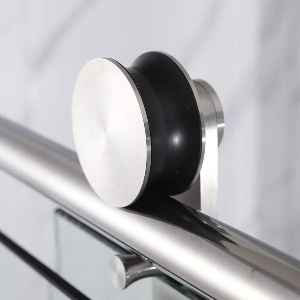 Frameless Single Sliding Shower Door, 5/16" (8Mm) Clear Tempered Glass With Explosion-Proof Film, Brushed Nickel Finish, Stainless Steel Hardware