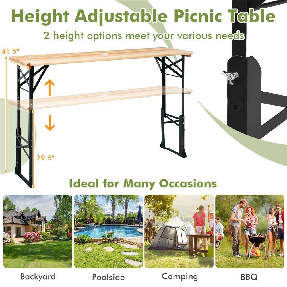 Costway 66.5" Outdoor Folding Wood Picnic Table Height Adjustable Metal Frame