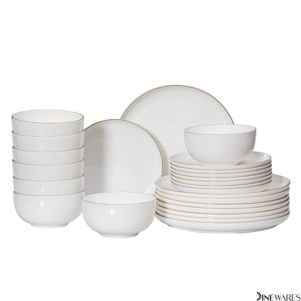 Dinewares White with Gold Rim Bone China Dinnerware Set - Service for 8, Includes Dinner Plates, Salad Plates, and Cereal or Soup Bowls