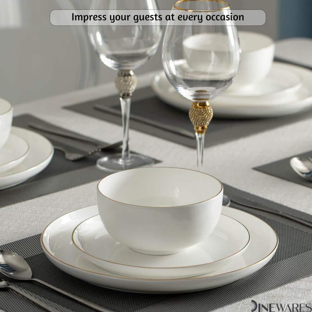 Dinewares White with Gold Rim Bone China Dinnerware Set - Service for 8, Includes Dinner Plates, Salad Plates, and Cereal or Soup Bowls