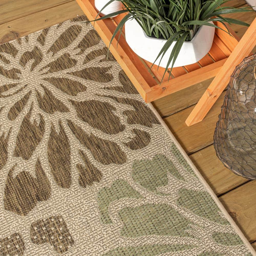 3'x5' Zinnia Modern Floral Textured Weave Indoor/Outdoor Area Rug, Sage/Brown - JONATHAN Y