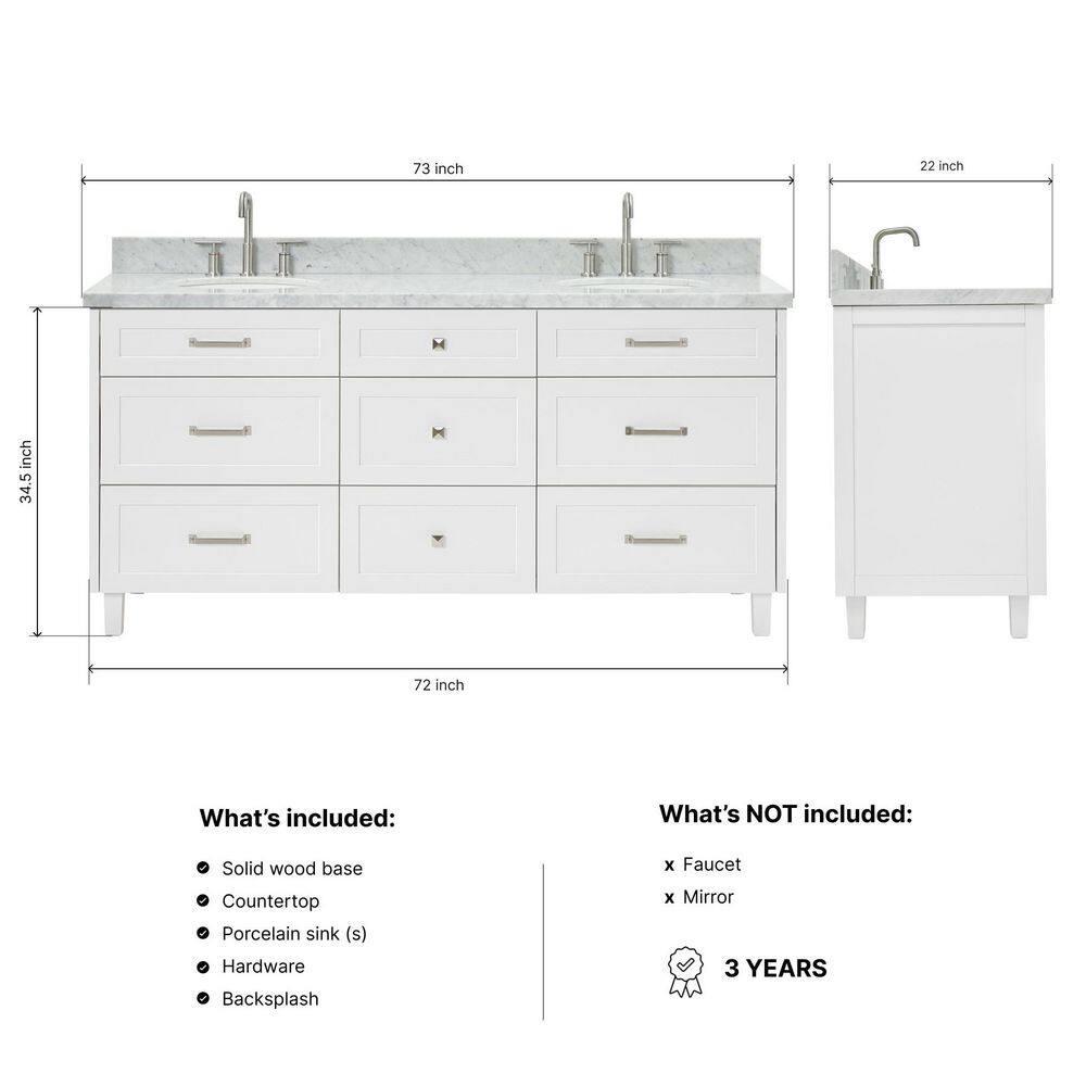 ARIEL Monrow 73 Double Sink Bathroom Vanity with Italian Carrara Marble Top