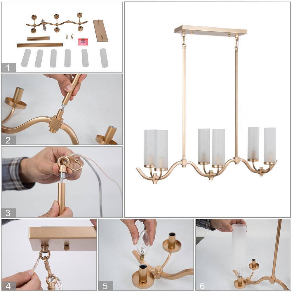 Modern Gold Linear Island Chandelier 6-Light Candlestick Chandelier with Cylinder Frosted Glass Shades