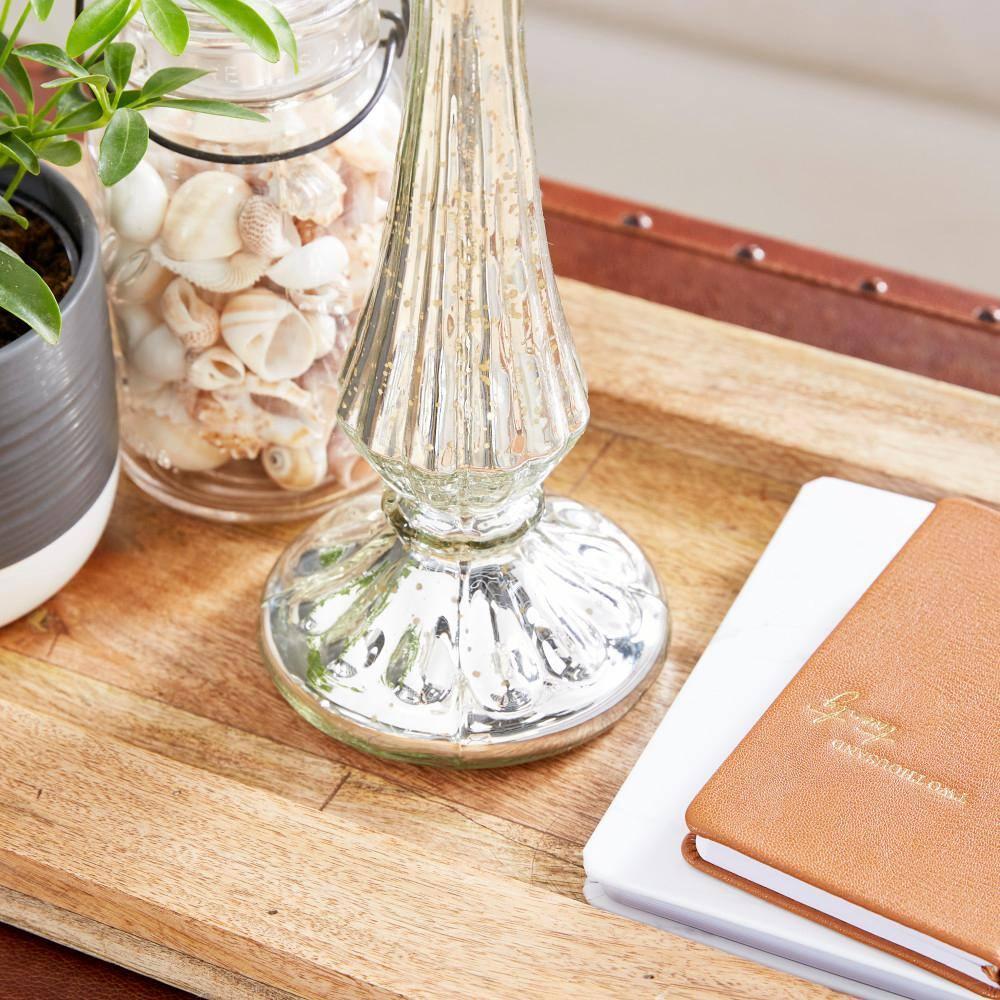 DecMode Silver Glass Handmade Turned Style Pillar Hurricane Lamp with Faux Mercury Glass Finish