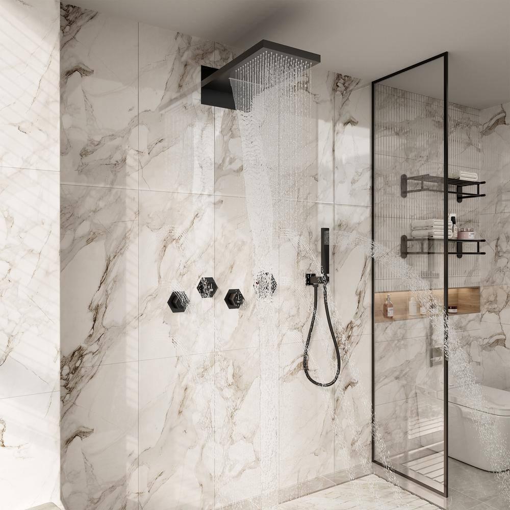 Large Matte Black Dual Shower Head System with LED and Bluetooth Speaker